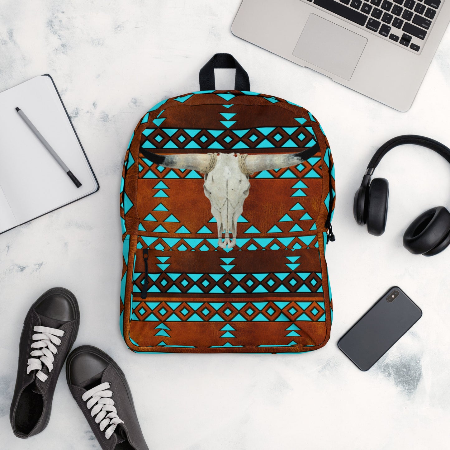Turquoise Aztec Bull Skull Backpack - aztec, aztec print, back pack, backpack, bull skull, bullskull, cowboy, gym, pack, school, western, work - - Baha Ranch Western Wear