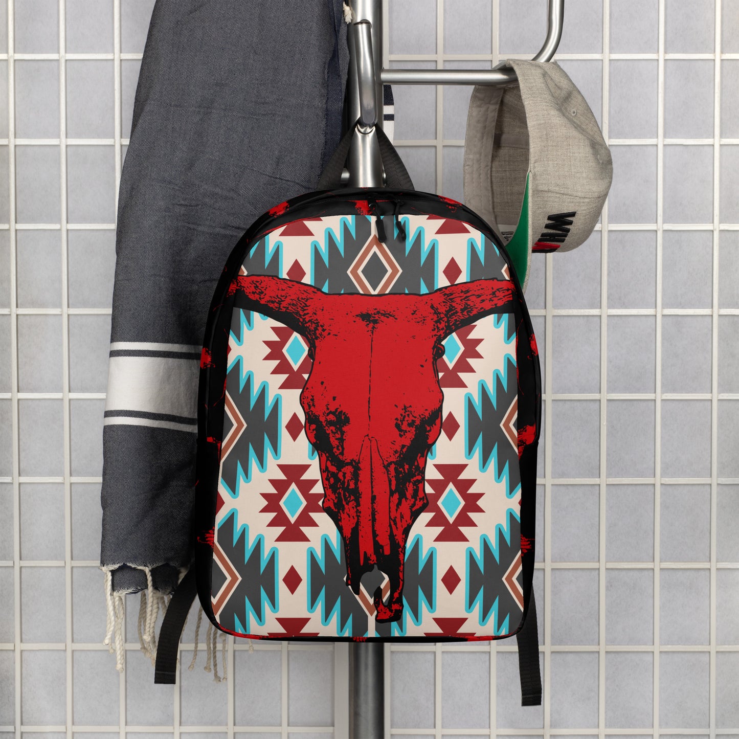 Aztec Red Bull Skull Minimalist Backpack - aztec print, back pack, backpack, bull, bull skull, gym, red bull skull, school, work, workout - - Baha Ranch Western Wear