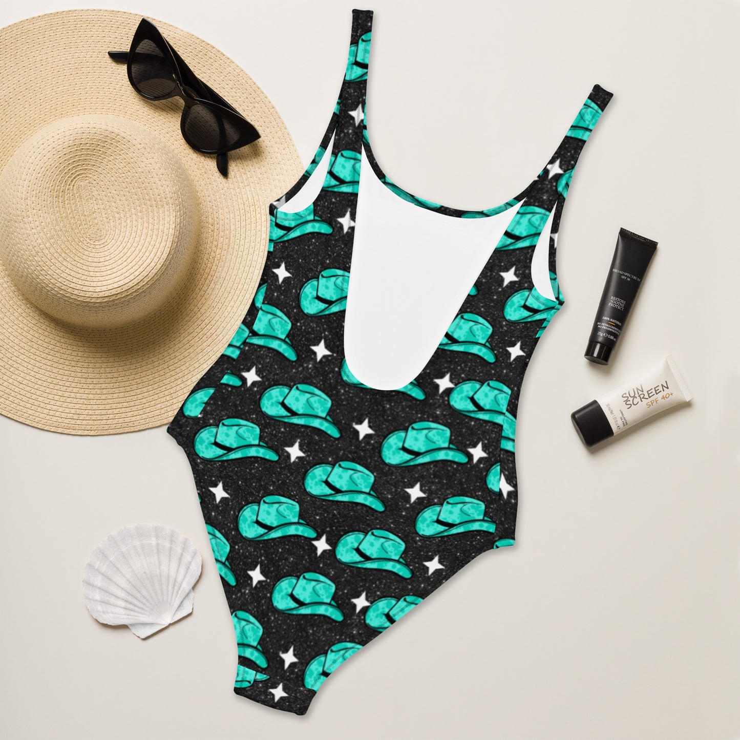 Yeehaw Turquoise Hat One-Piece Swimsuit - #op, cowboy hat, cowboyhat, hat, one piece, swim, swim suit, swim wear, swimming, turquoise hat - - Baha Ranch Western Wear