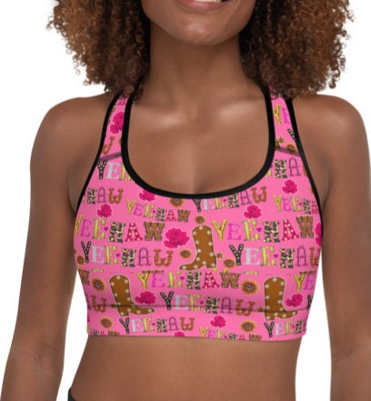 Hot Pink Yeehaw Padded Sports Bra - hot pink, pink, sports, sports bra, work out, workout, yee haw, yeehaw - - Baha Ranch Western Wear