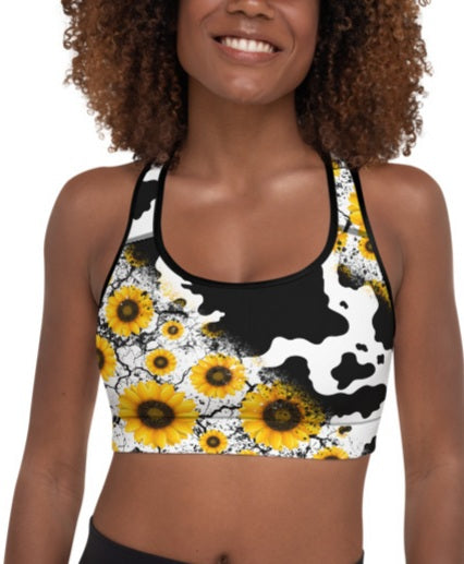 Cow Print Sunflower Sports Bra
