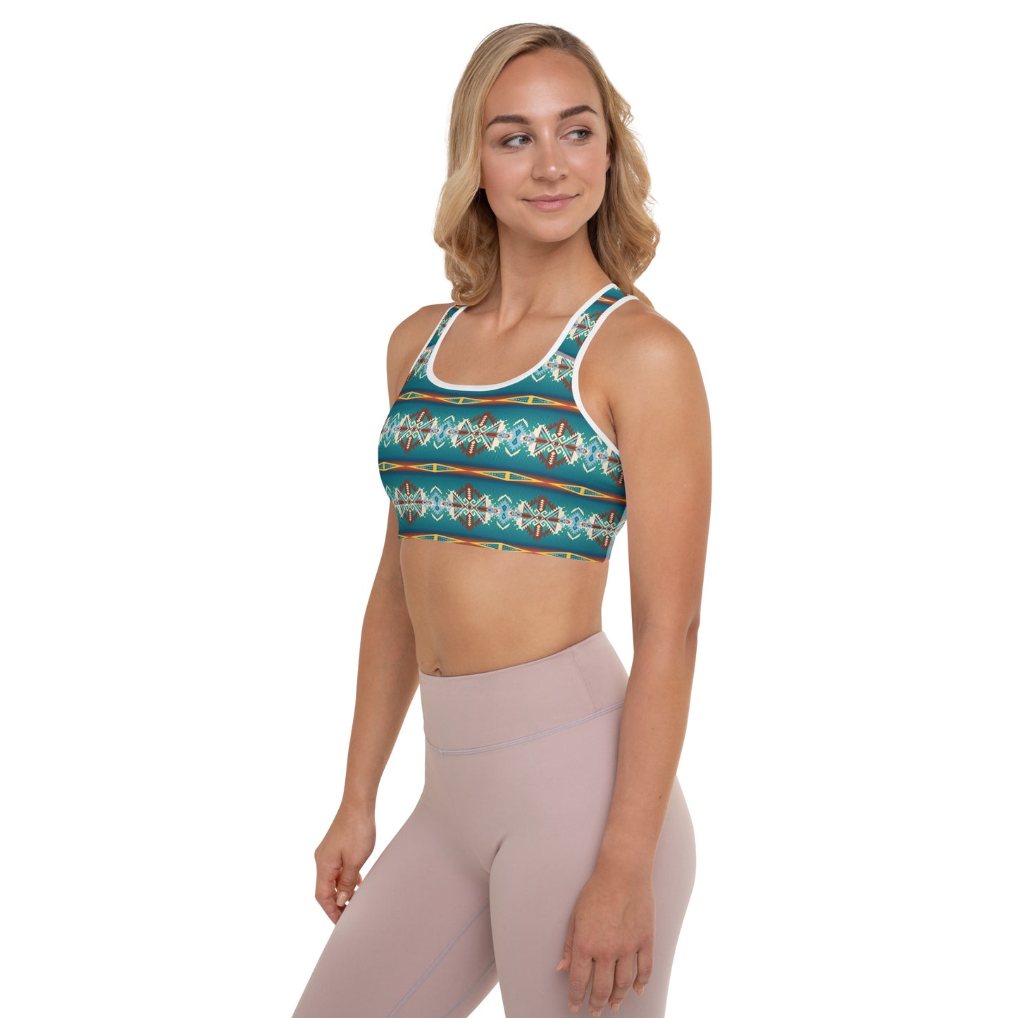 Teal Aztec Blanket Print Padded Sports Bra - aztec print, padded, sports bra, teal, teal aztec, western, western sports bra, work out, work out gear, workouot, WORKOUT, workout gear, workouy - - Baha Ranch Western Wear
