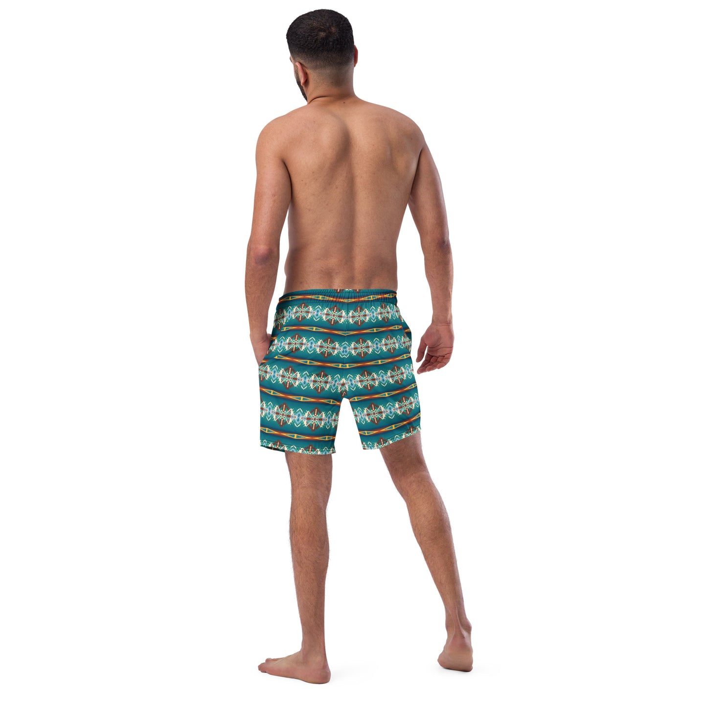 Teal Aztec Blanket Print Mens Swim Shorts - aztec print, swim, swim shorts, swim trunks, swim wear, swimming, swimshorts, teal, teal aztec, trunks, western - - Baha Ranch Western Wear