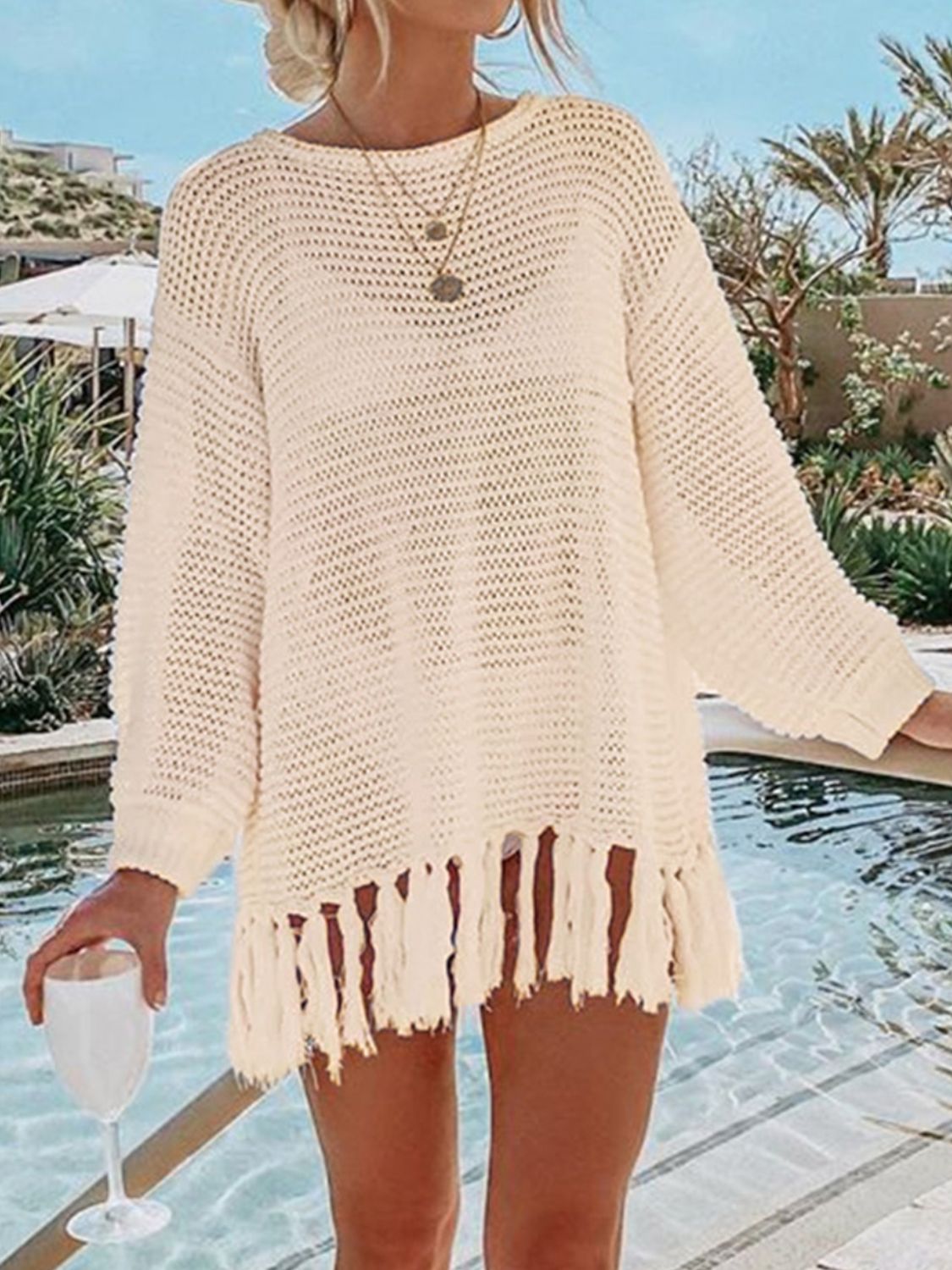 Double Take Openwork Tassel Hem Long Sleeve Knit Cover Up choice of colors
