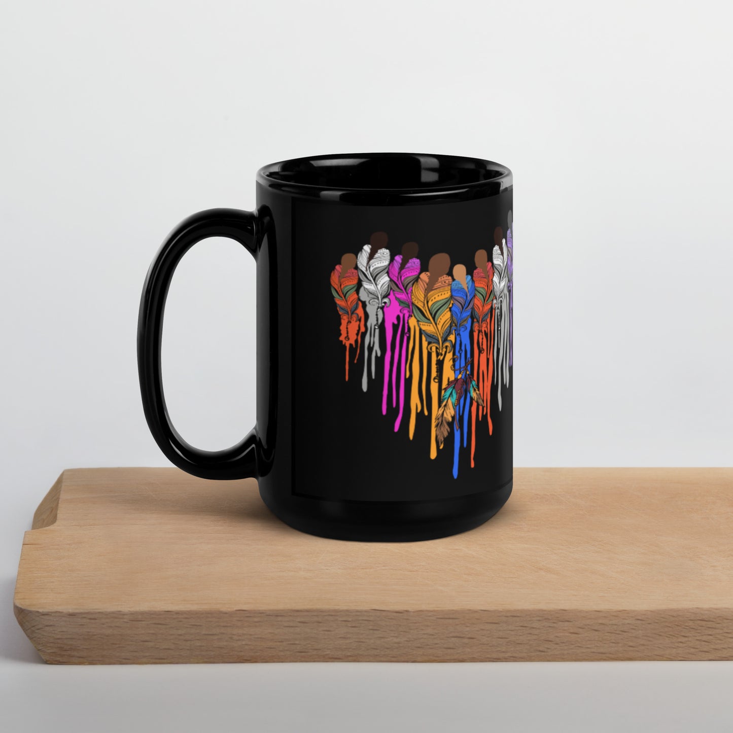 Native Heart of Feather Black Glossy Mug - coffee, coffee cup, coffee mug, feather, feathers, heart, indian, mug, native - - Baha Ranch Western Wear