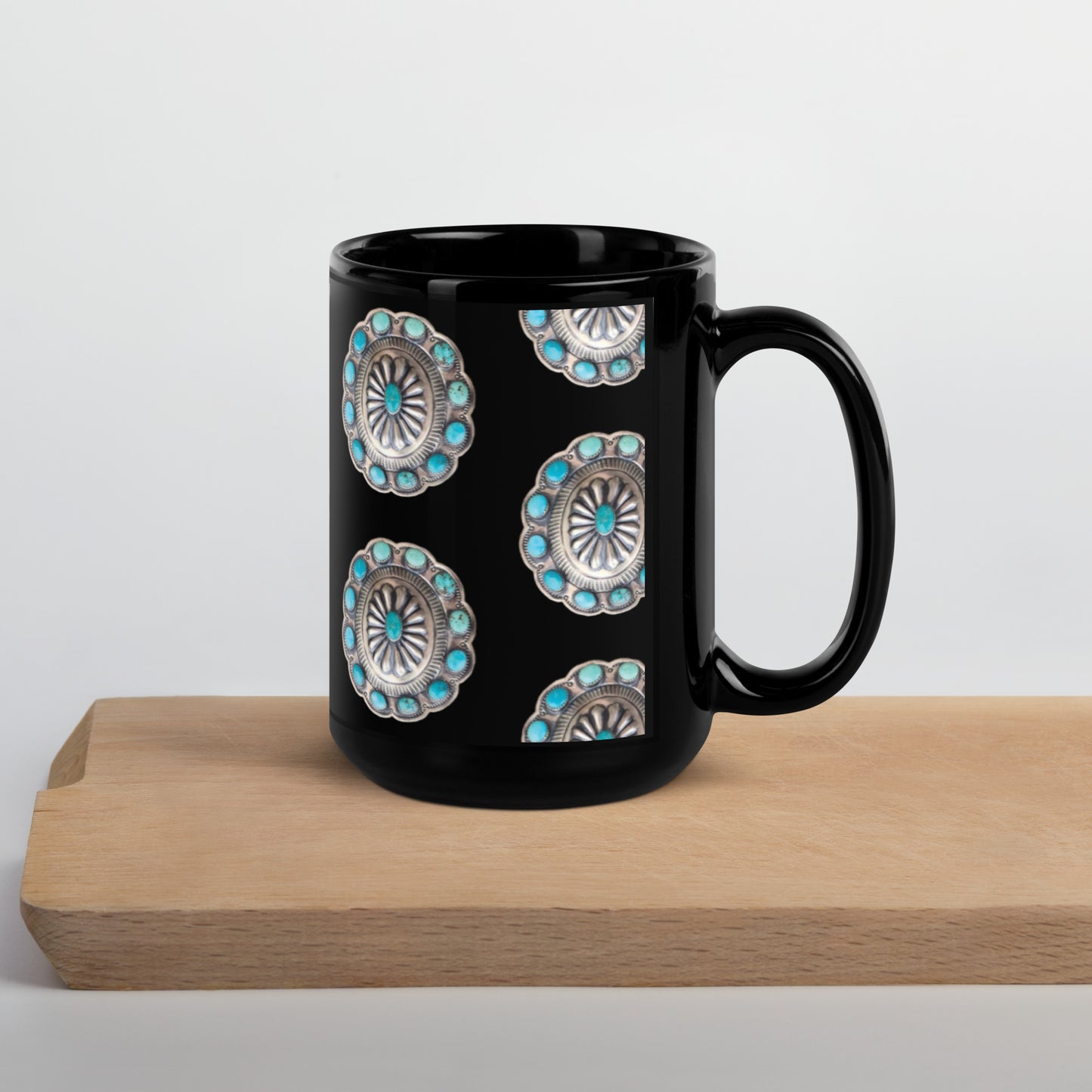 Turquoise Concho Black Glossy Mug - coffee, coffee cup, coffee mug, concho, mug, turquoise, turquoise concho, turquoise print, western print - - Baha Ranch Western Wear