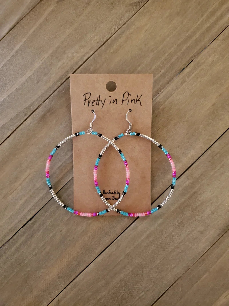 PRETY IN PINK Large Hoop Earrings - beaded, beads, earrings, hoop, hoops, jewelry, native, PINK, southwestern - - Baha Ranch Western Wear