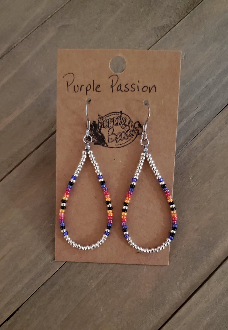 Purple Passion Drop Hoop Earrings - beaded, beads, earrings, hoop, hoops, jewelry, native, southwestern - - Baha Ranch Western Wear