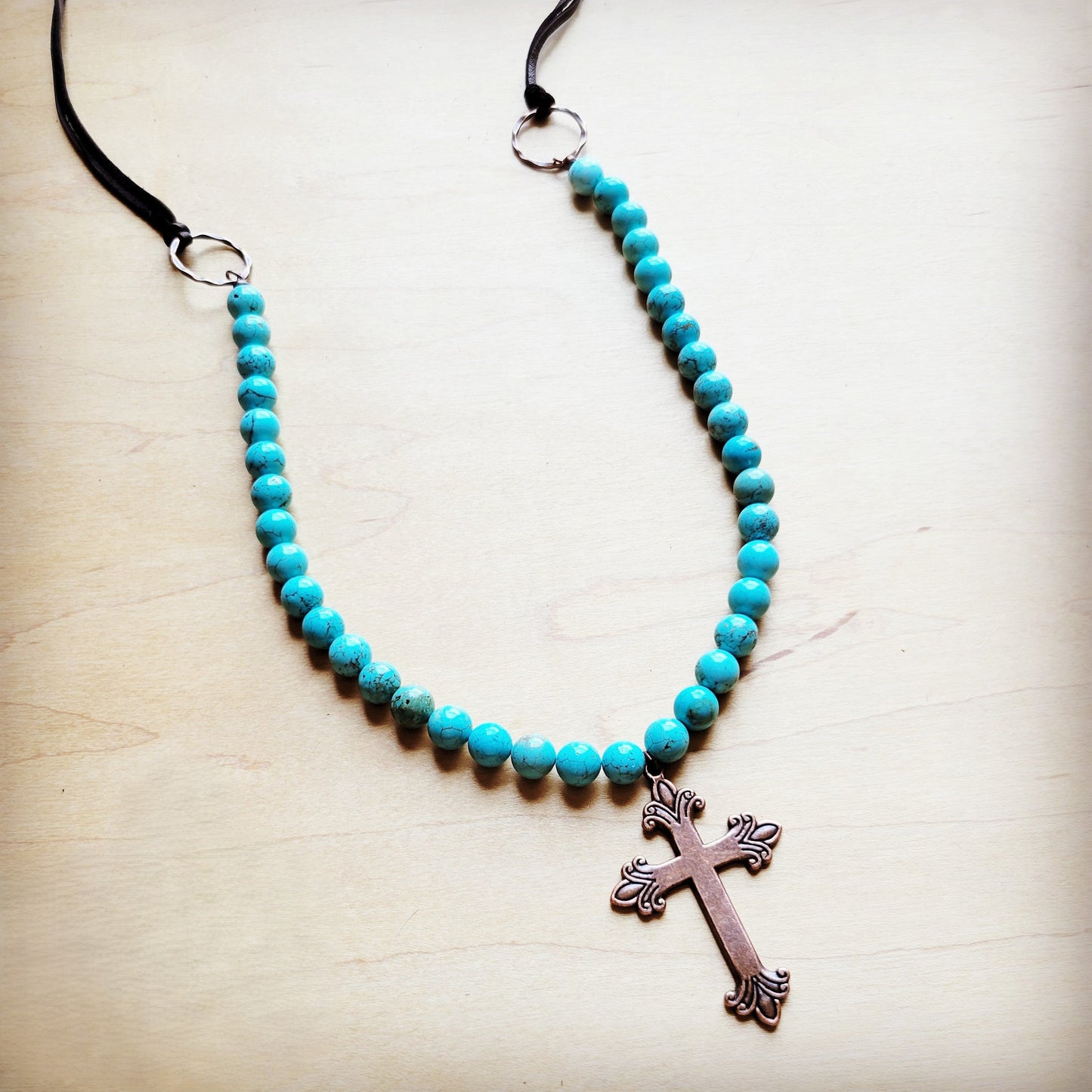 The Jewelry Junkie **Frosted Magnesite Beaded Necklace w/ Copper Cross 258i