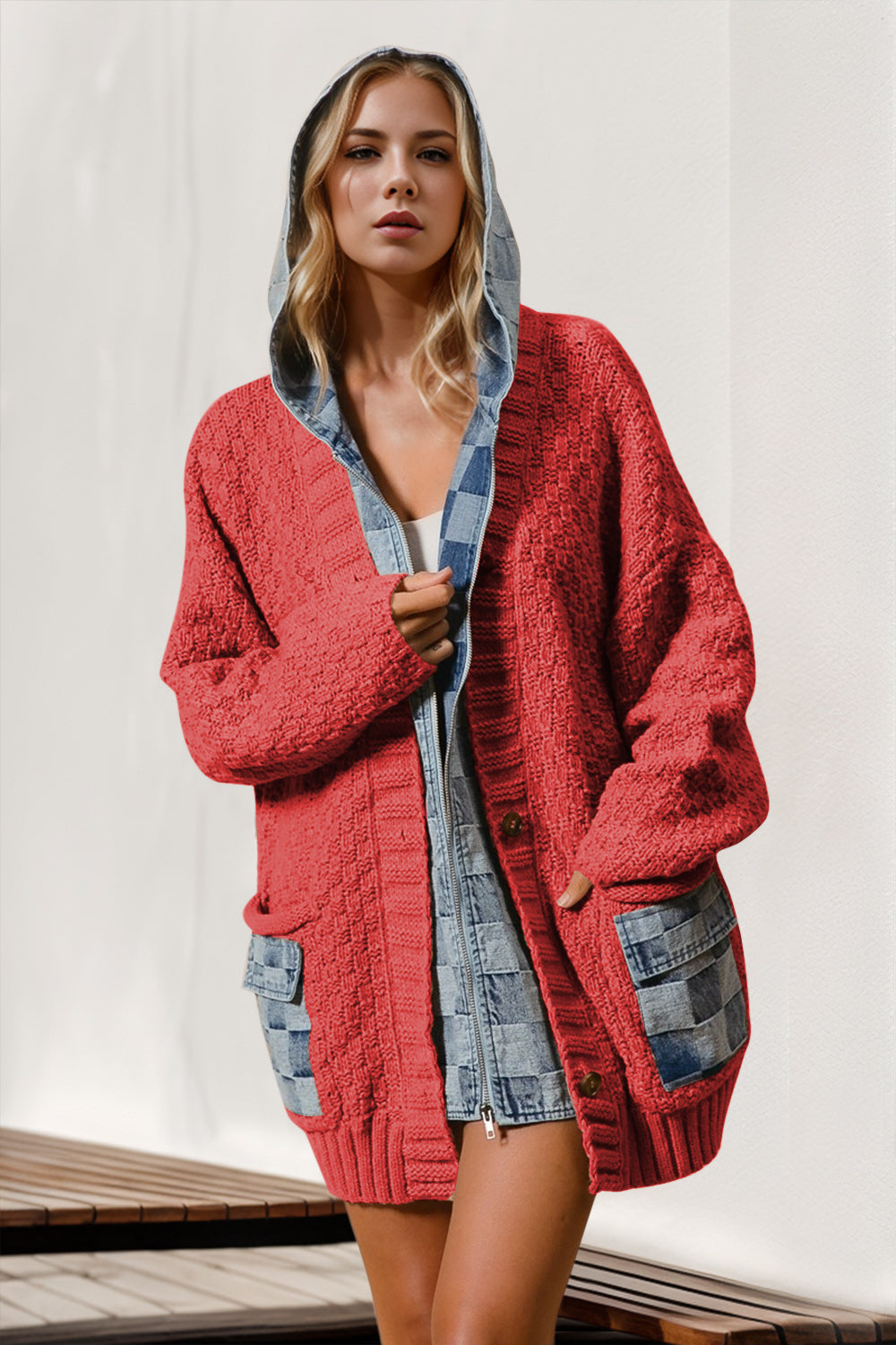 Double Take Full Size Hooded Denim Spliced Sweater Cardigan Choice of colors