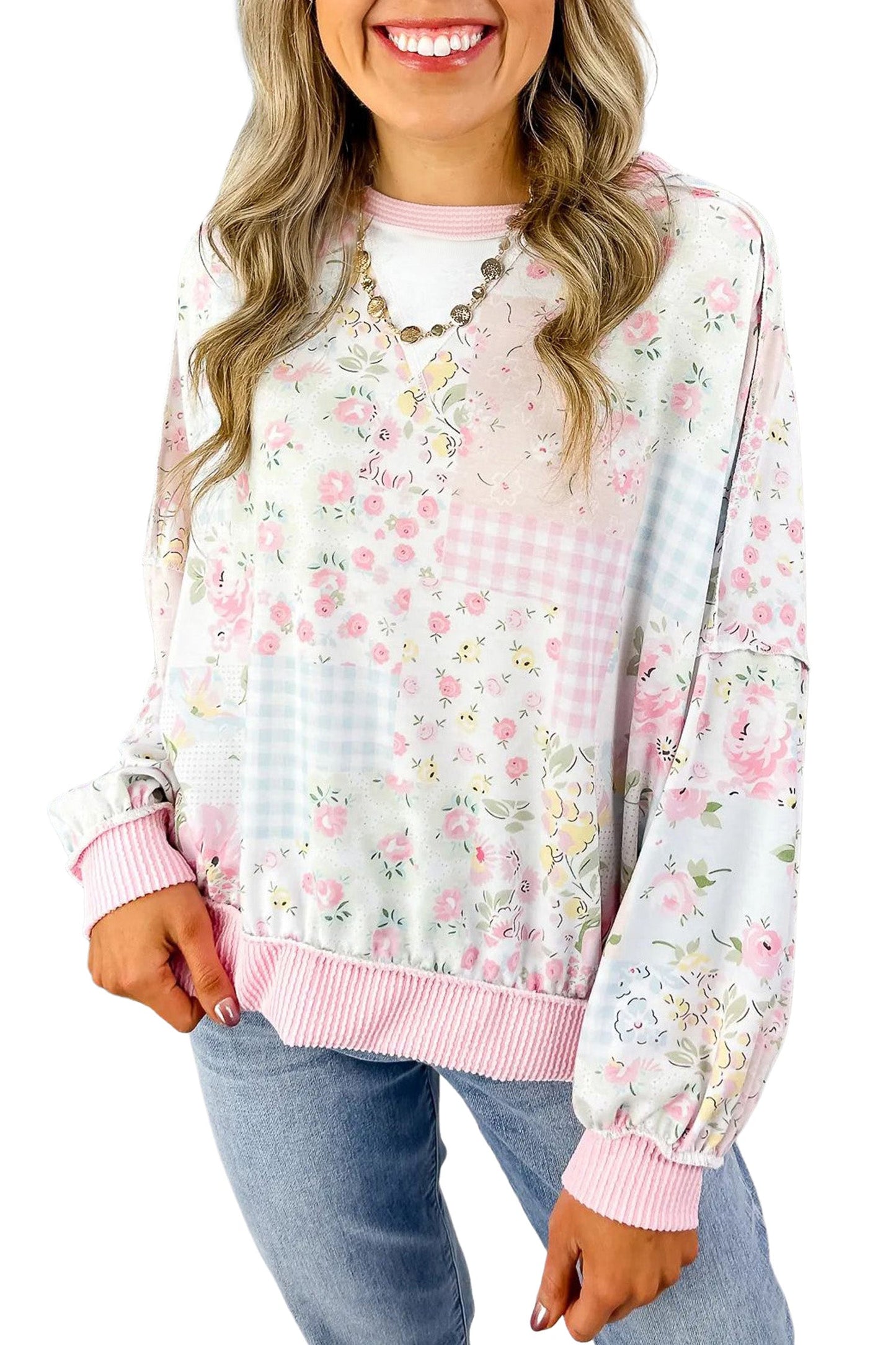 Floral Patchwork Corded Knit Long Sleeve Top