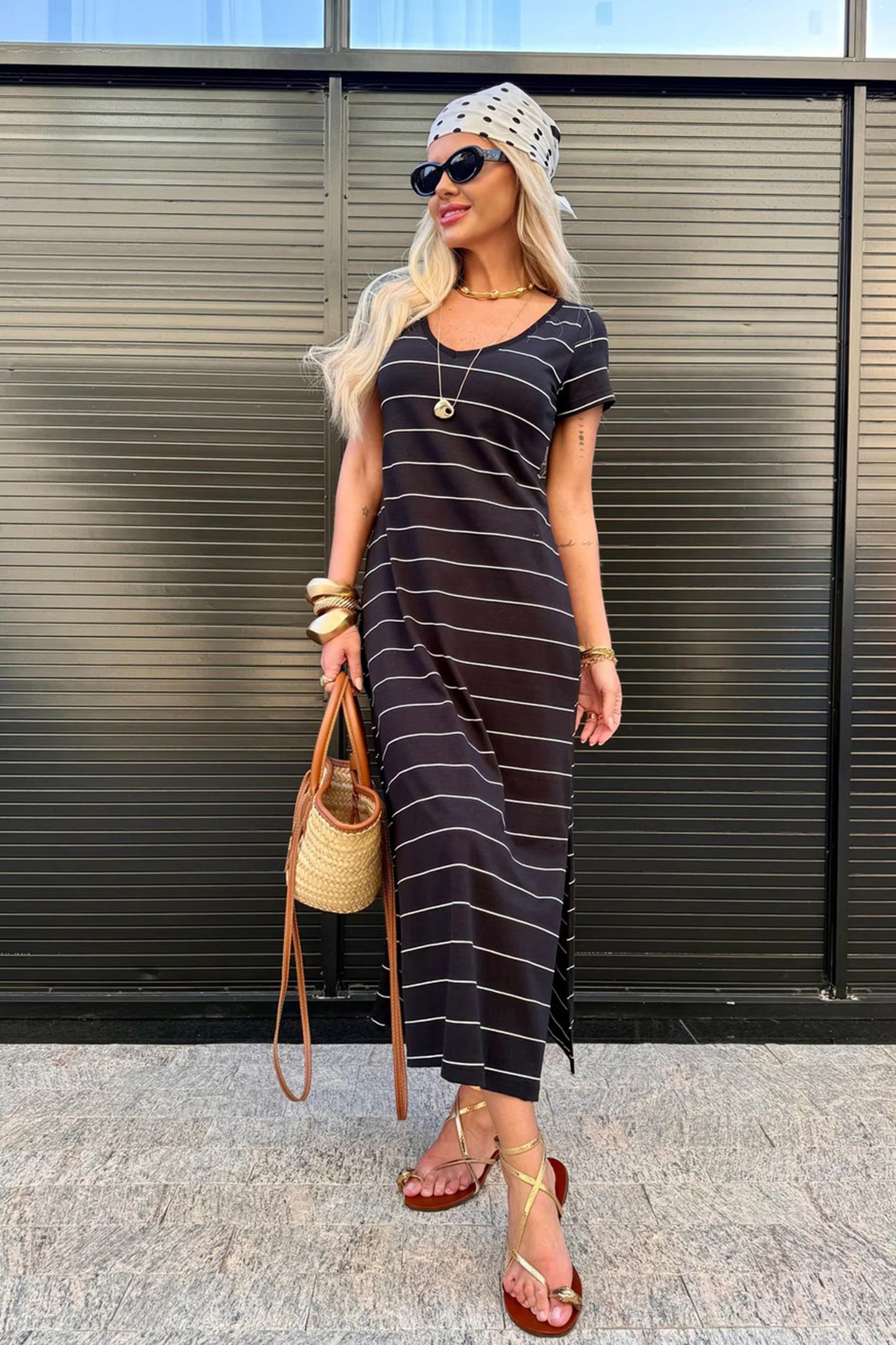 Stripe Short Sleeve Side Slit Maxi Dress