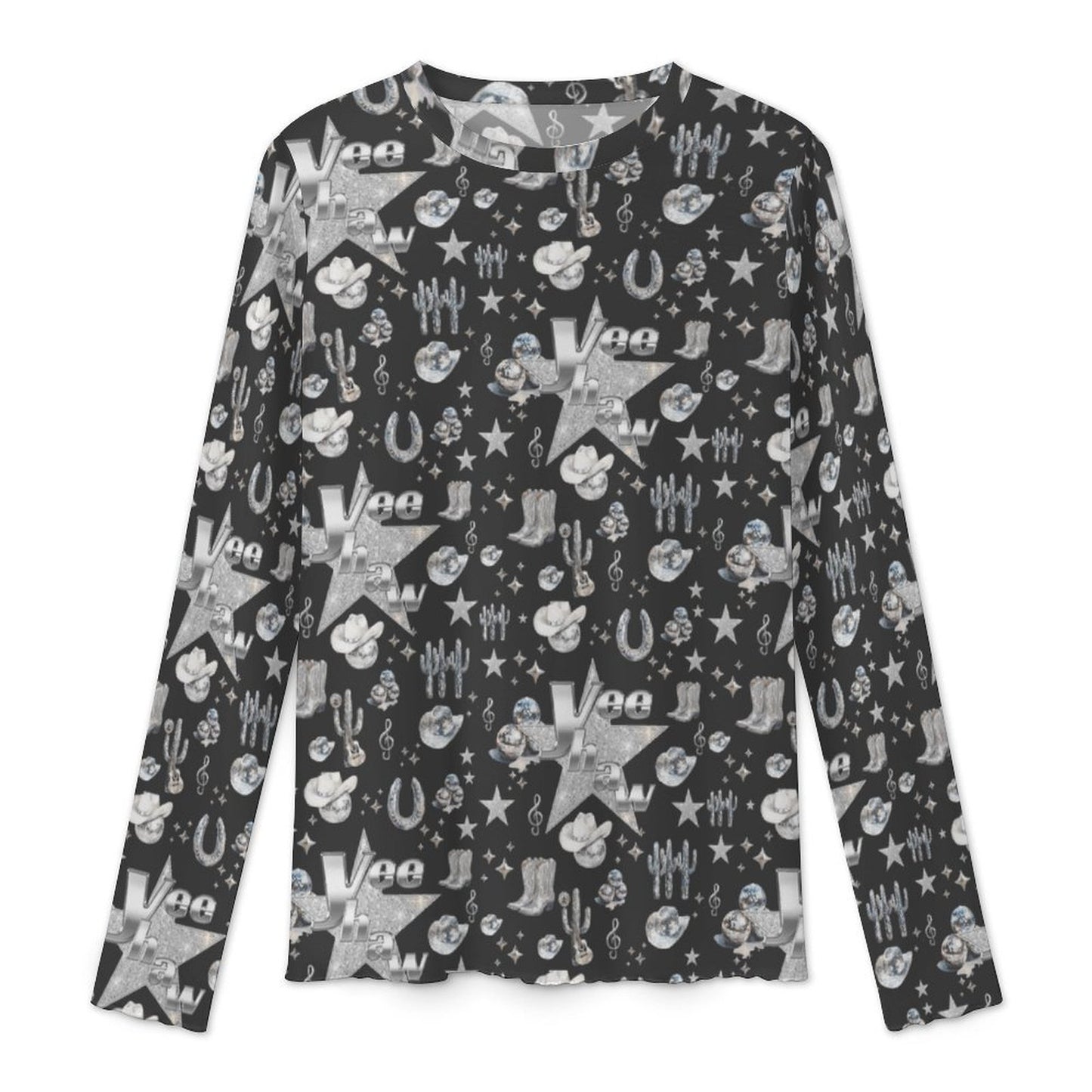 Baha Ranch Rhinestone Cowgirl Long Sleeve Mesh Top