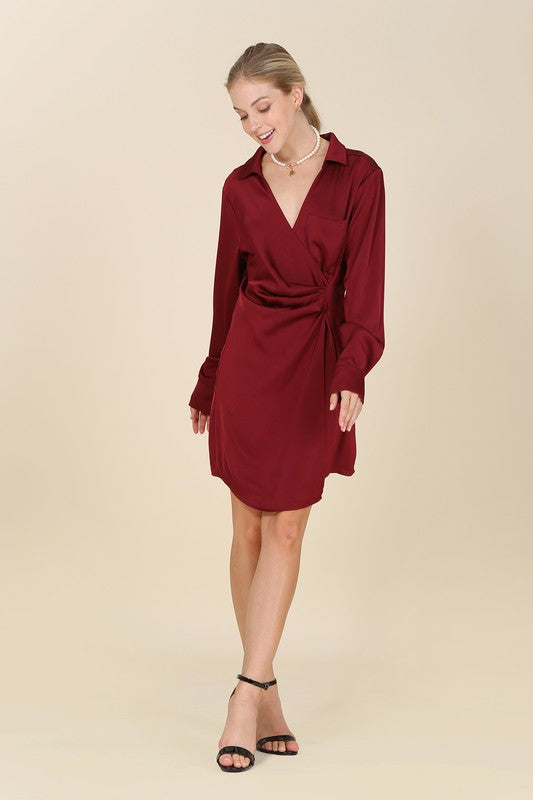 Satin collared wrap mini dress choice of colors