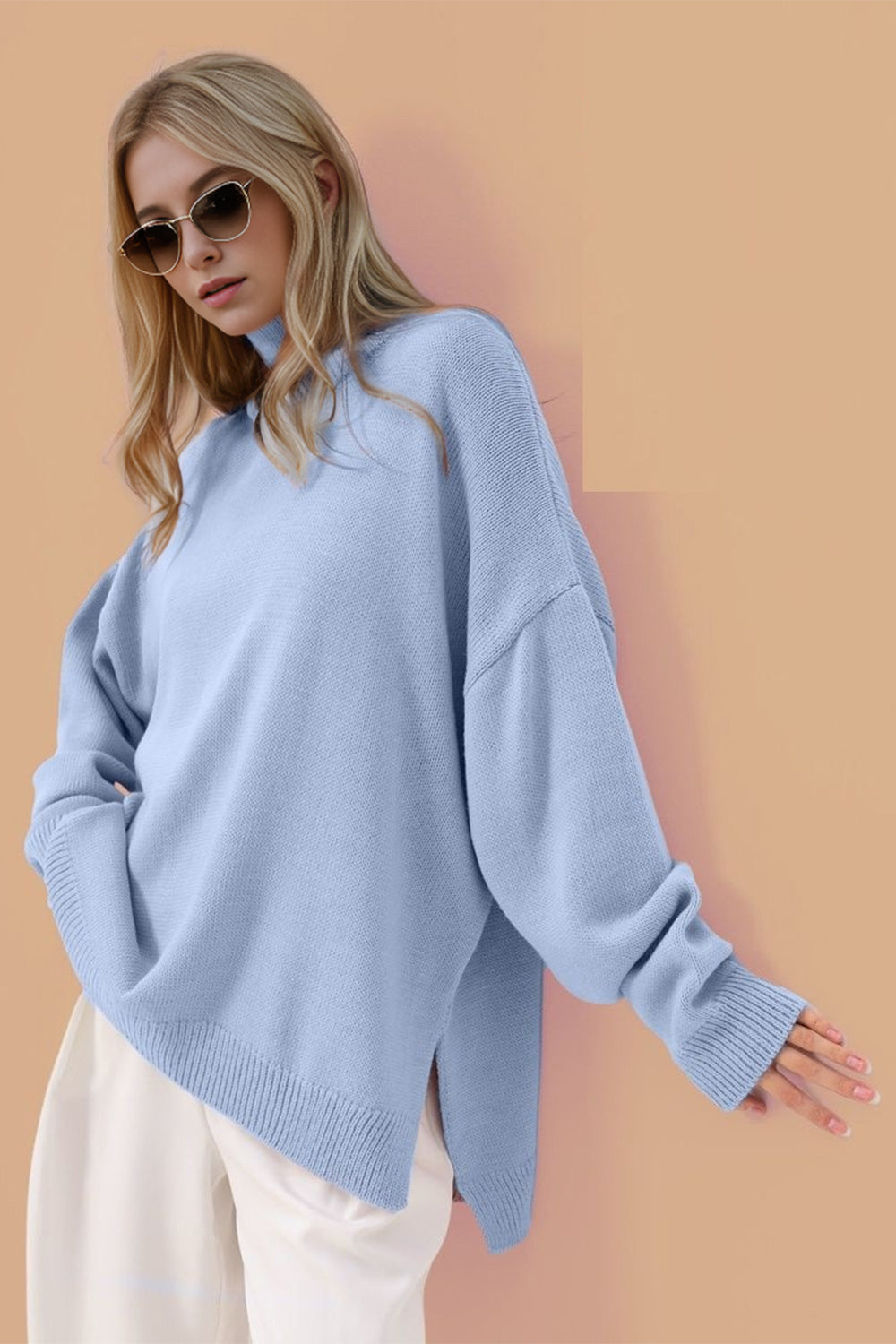 One Size Side Slit Turtleneck Long Sleeve Sweater choice of colors