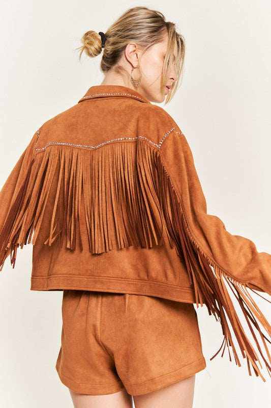 Calamity Jane Faux Suede Studded Fringe Jacket  Brown or Black