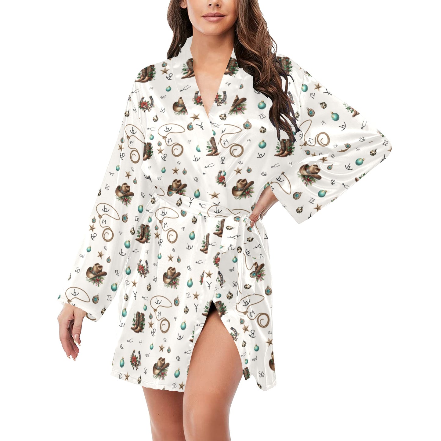 Baha Ranch Brands and Boots Christmas Satin Robe Women's Long Sleeve Robe