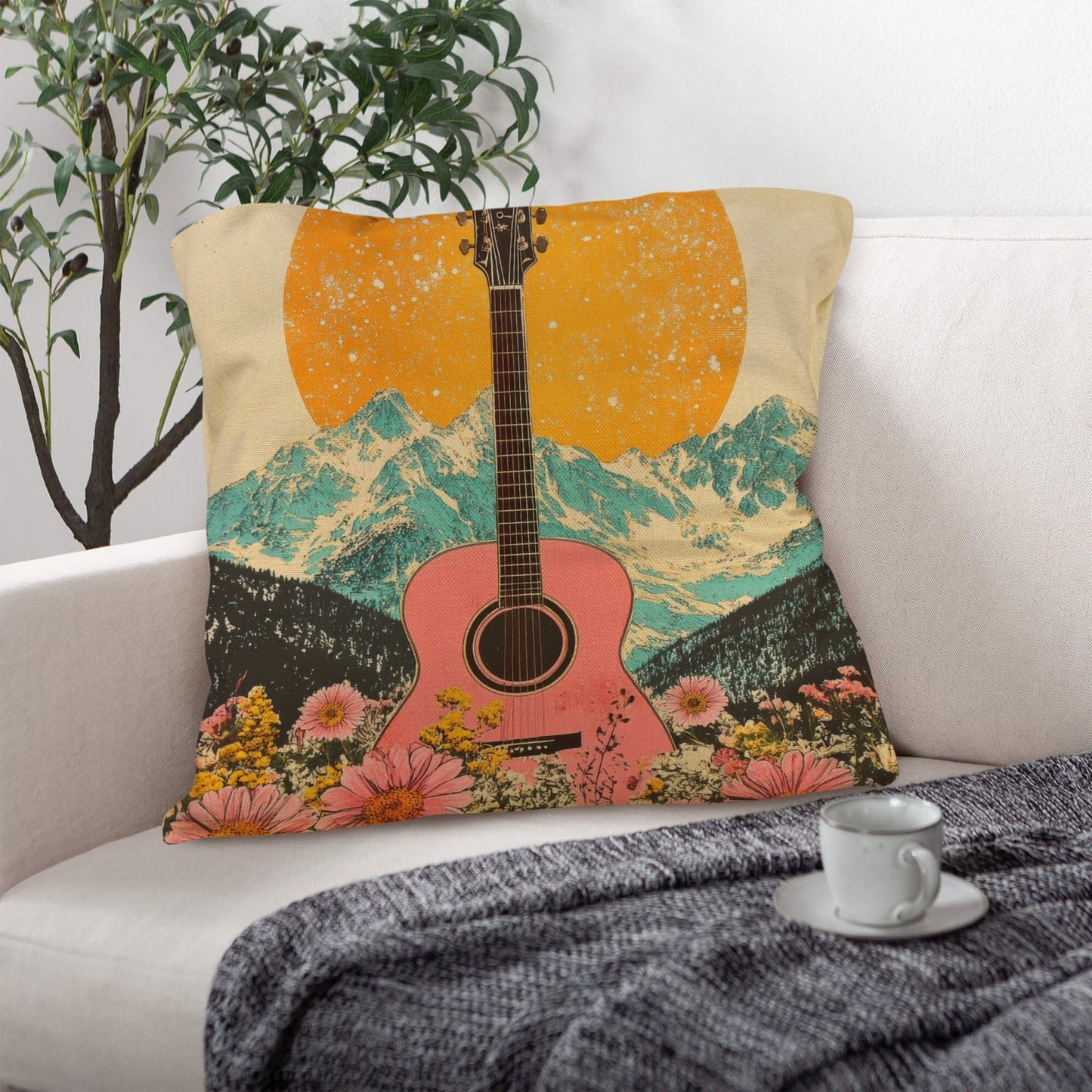 Baha Ranch Retro Pop Western Pink Guitar Pillow Case Made in America