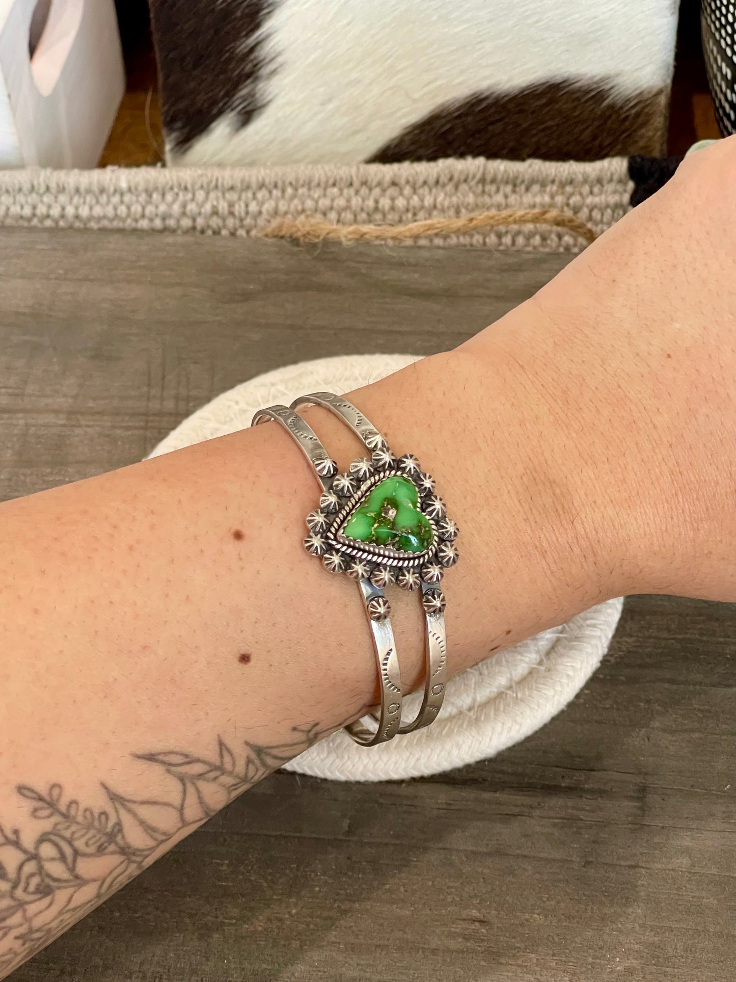 Handmade Sterling Silver Sonoran Gold Turquoise Adjustable Heart Cuff
