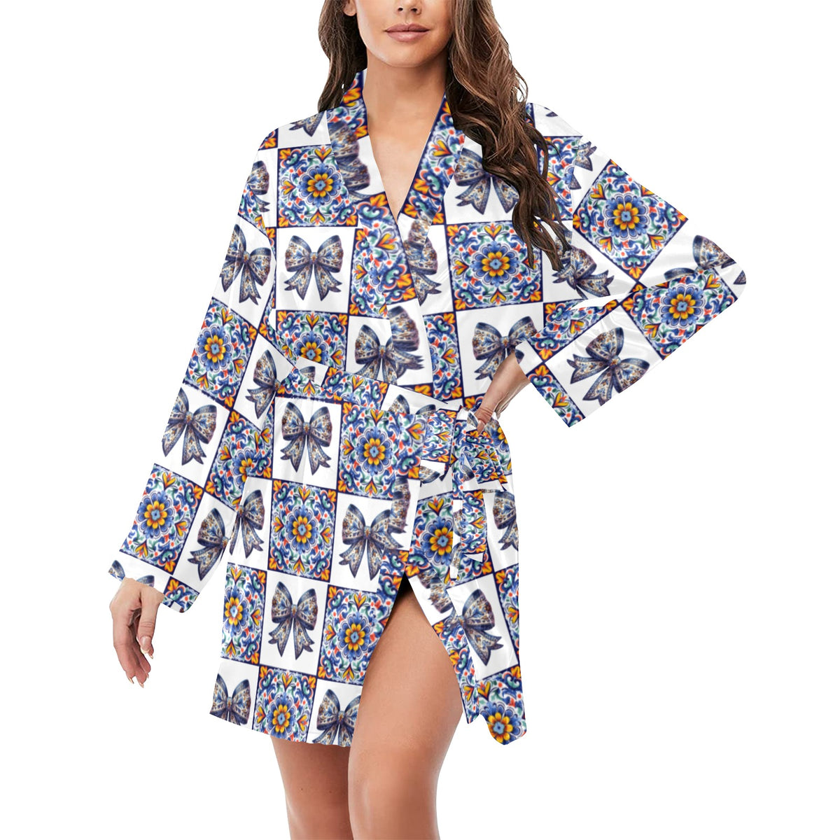 Baha Ranch Colores De Mexico Blue Bow Talavera Collage Satin Robe