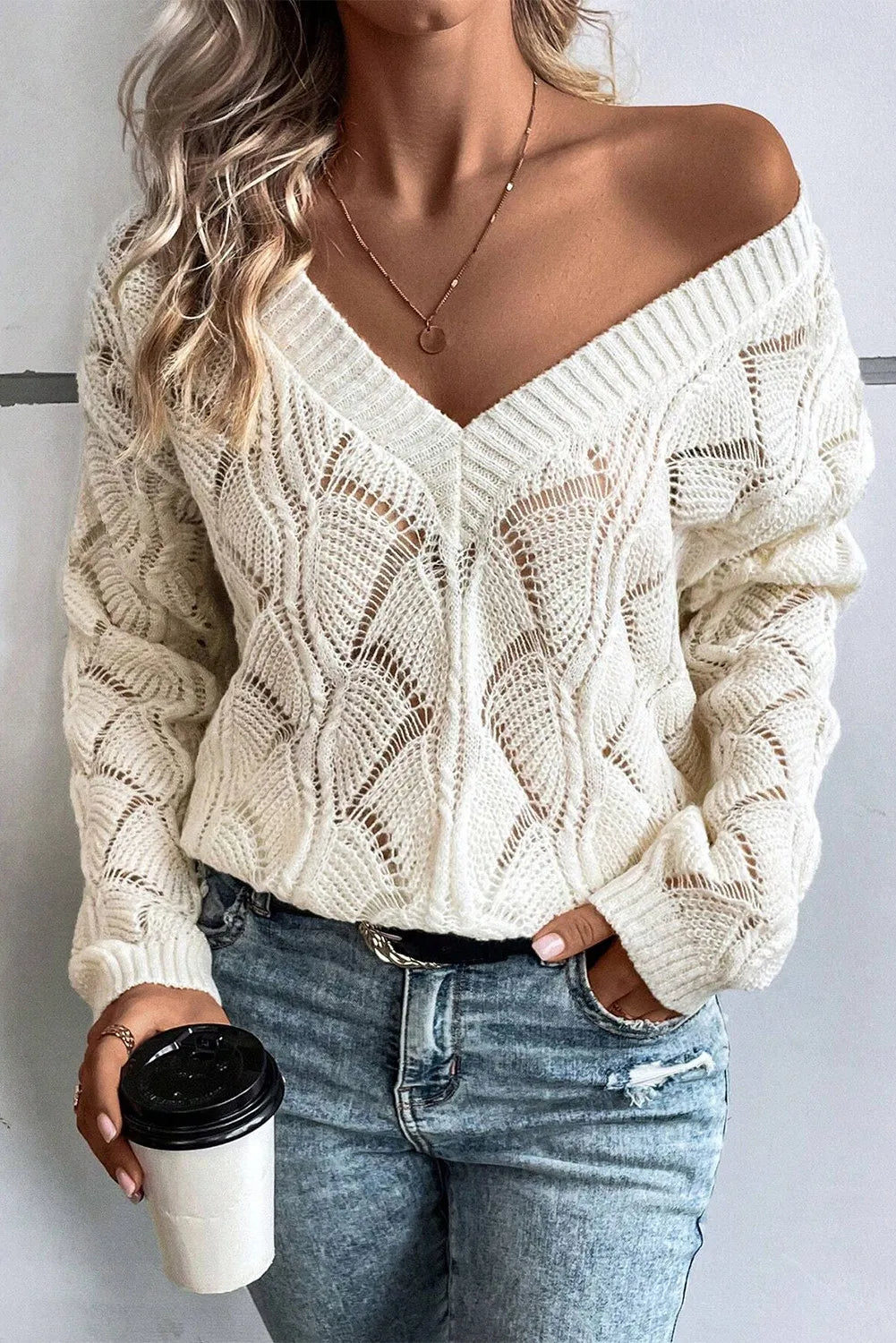 Openwork V-Neck Long Sleeve Sweater choice of colors