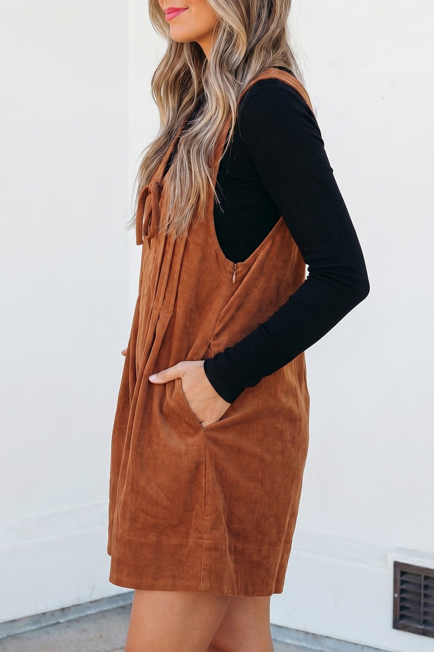 Solid Tie V-Neck Sleeveless Corduroy Romper