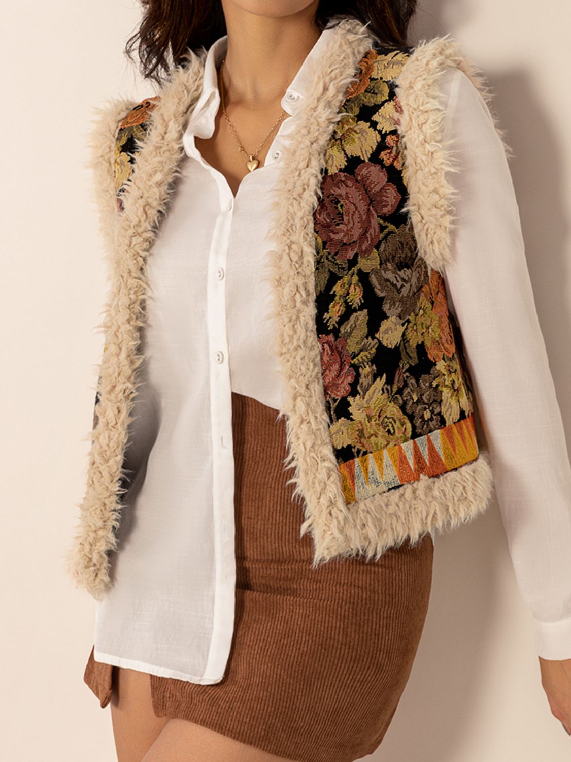 Floral Tapestry Faux Fur Trim Vest