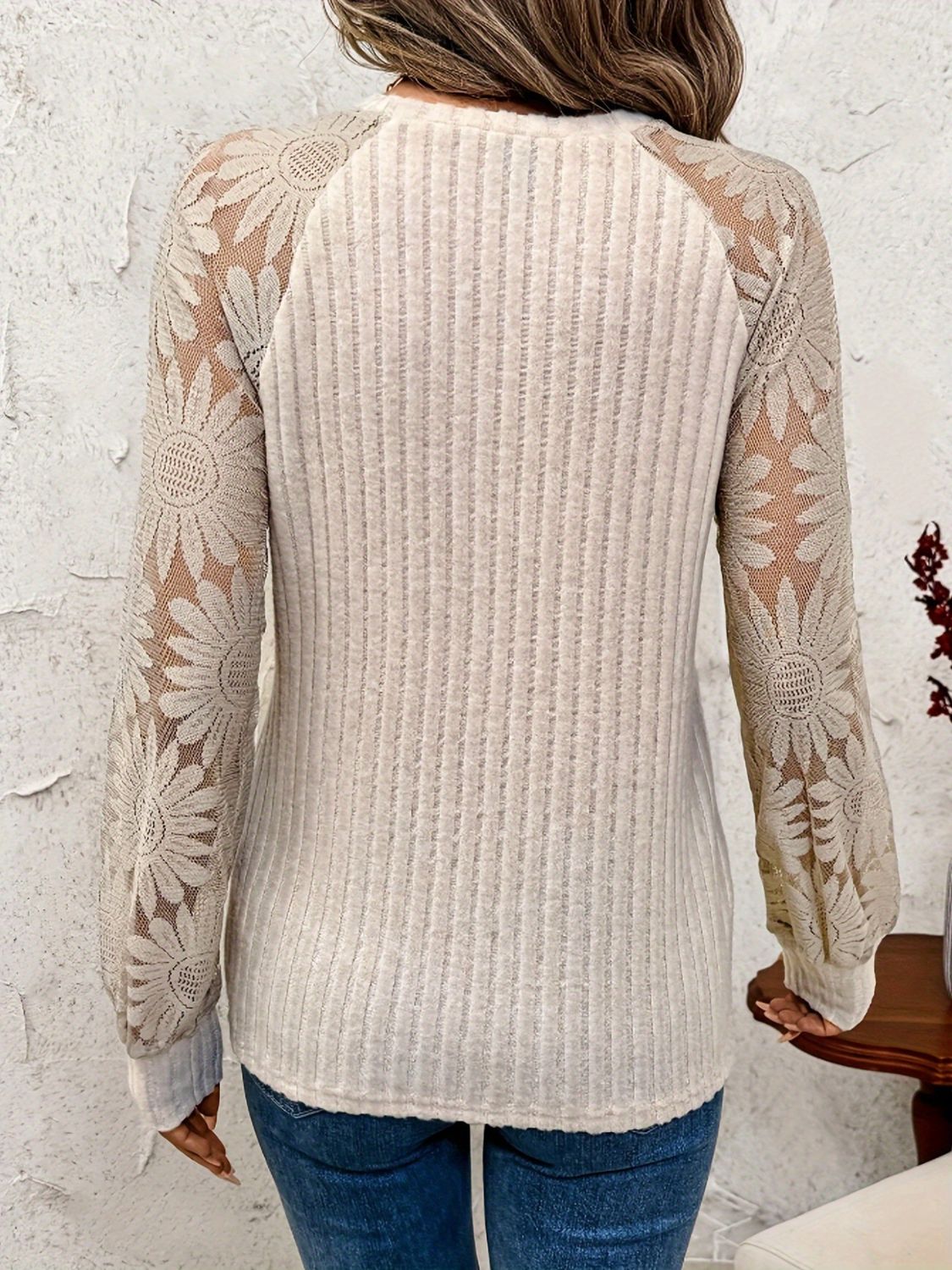 Floral Lace Sleeve Knit Top