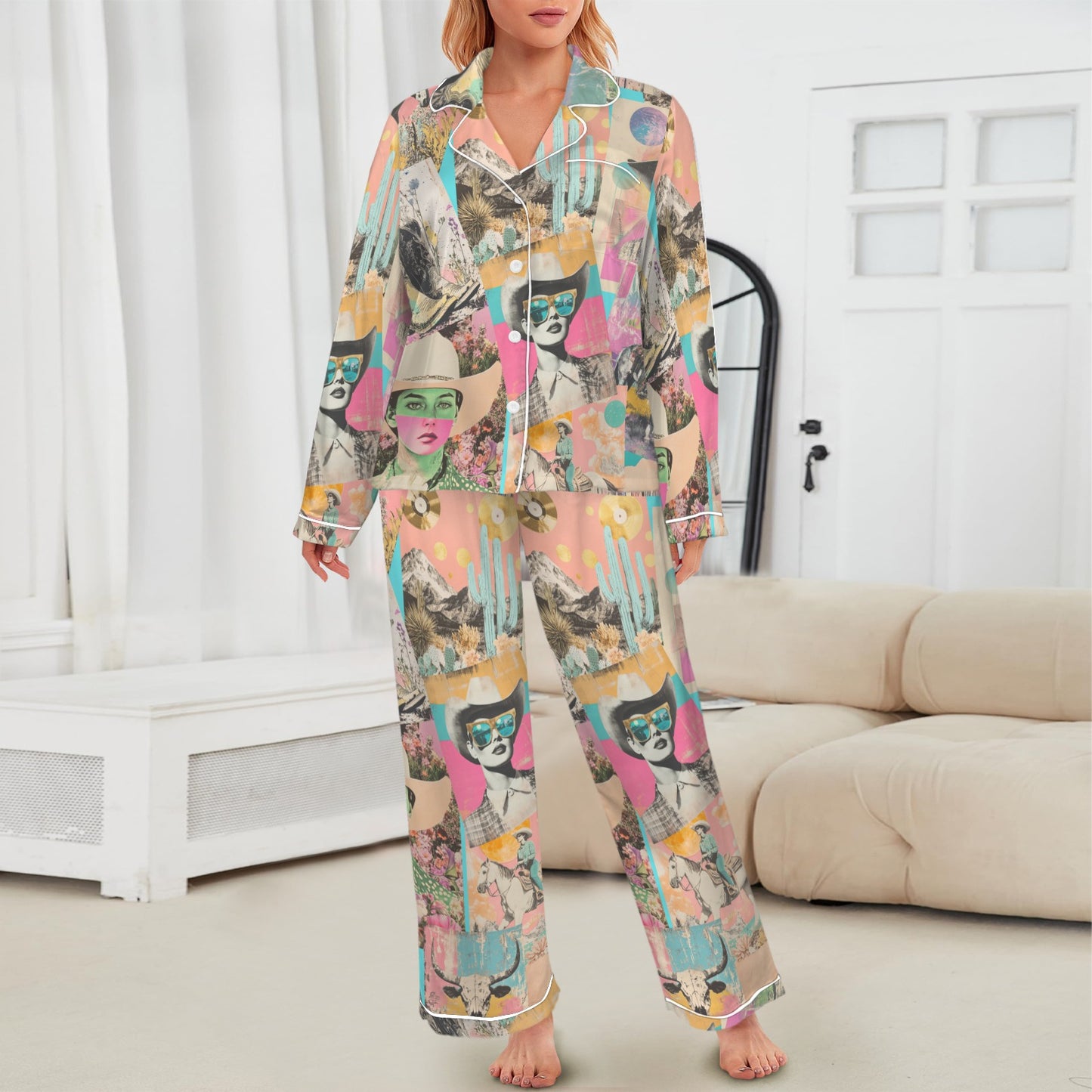 Pop Western Collage Cowgirl Satin Pajamas