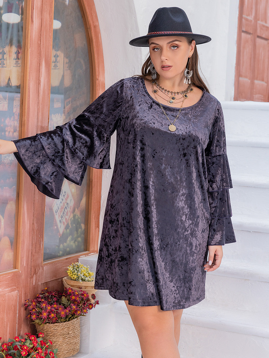 Velvet Flounce Sleeve Mini Dress Plus Size