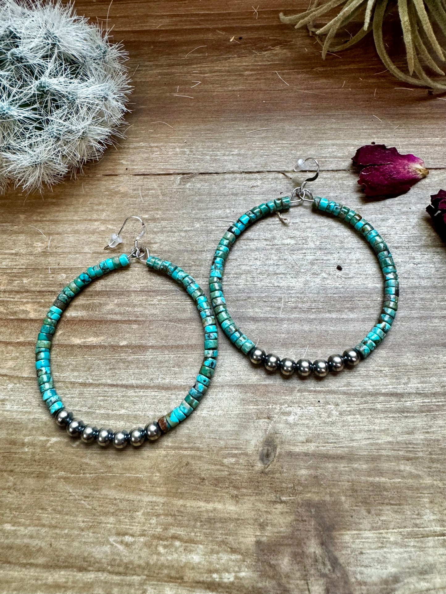 Sedona Big turquoise hoops earrings with sterling silver pearls