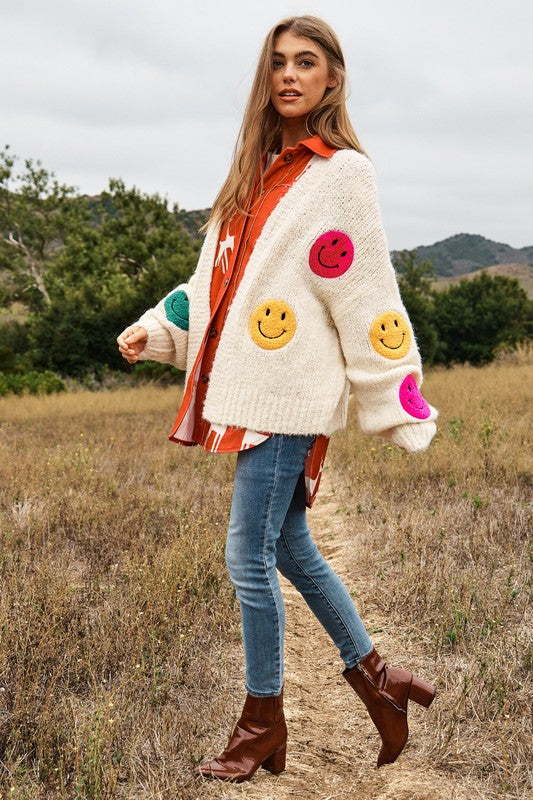 The Fuzzy Smile Long Bell Sleeve Knit Cardigan choice of colors