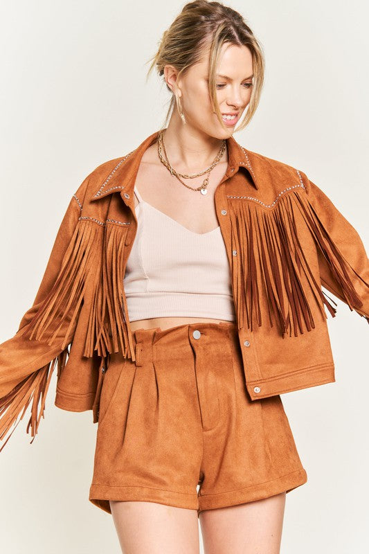 Calamity Jane Faux Suede Studded Fringe Jacket  Brown or Black