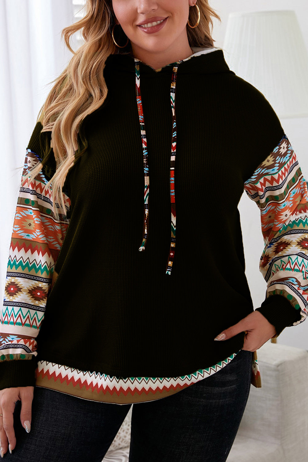 Plus Size Waffle-Knit Aztec Dropped Shoulder Hoodie