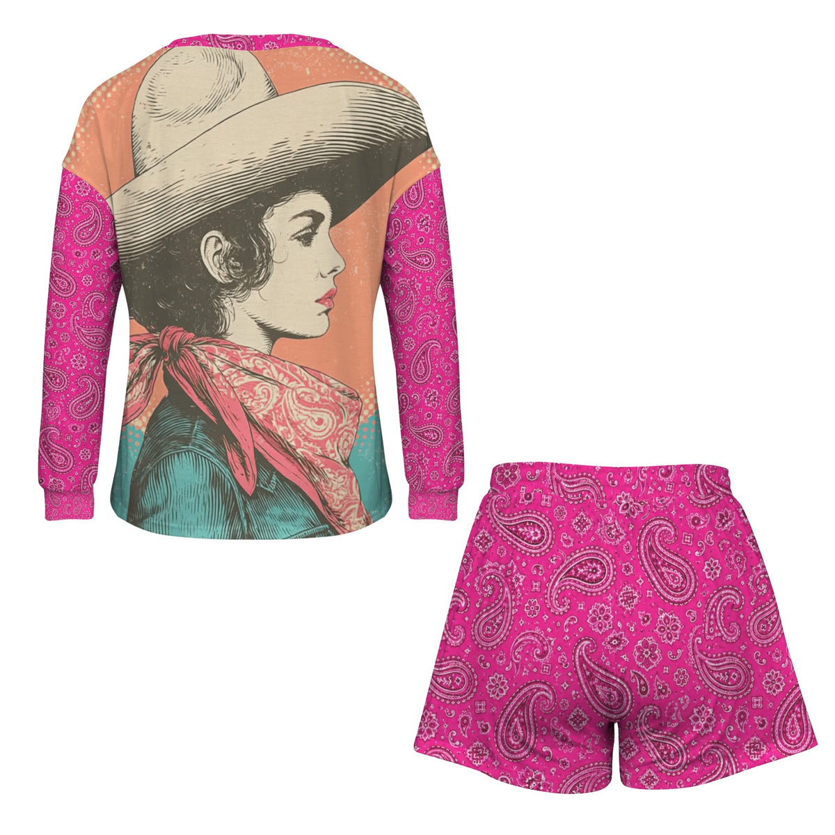Baha Ranch Ranch Queen Western Long Sleeve Top & Shorts Pajama Lounge Set
