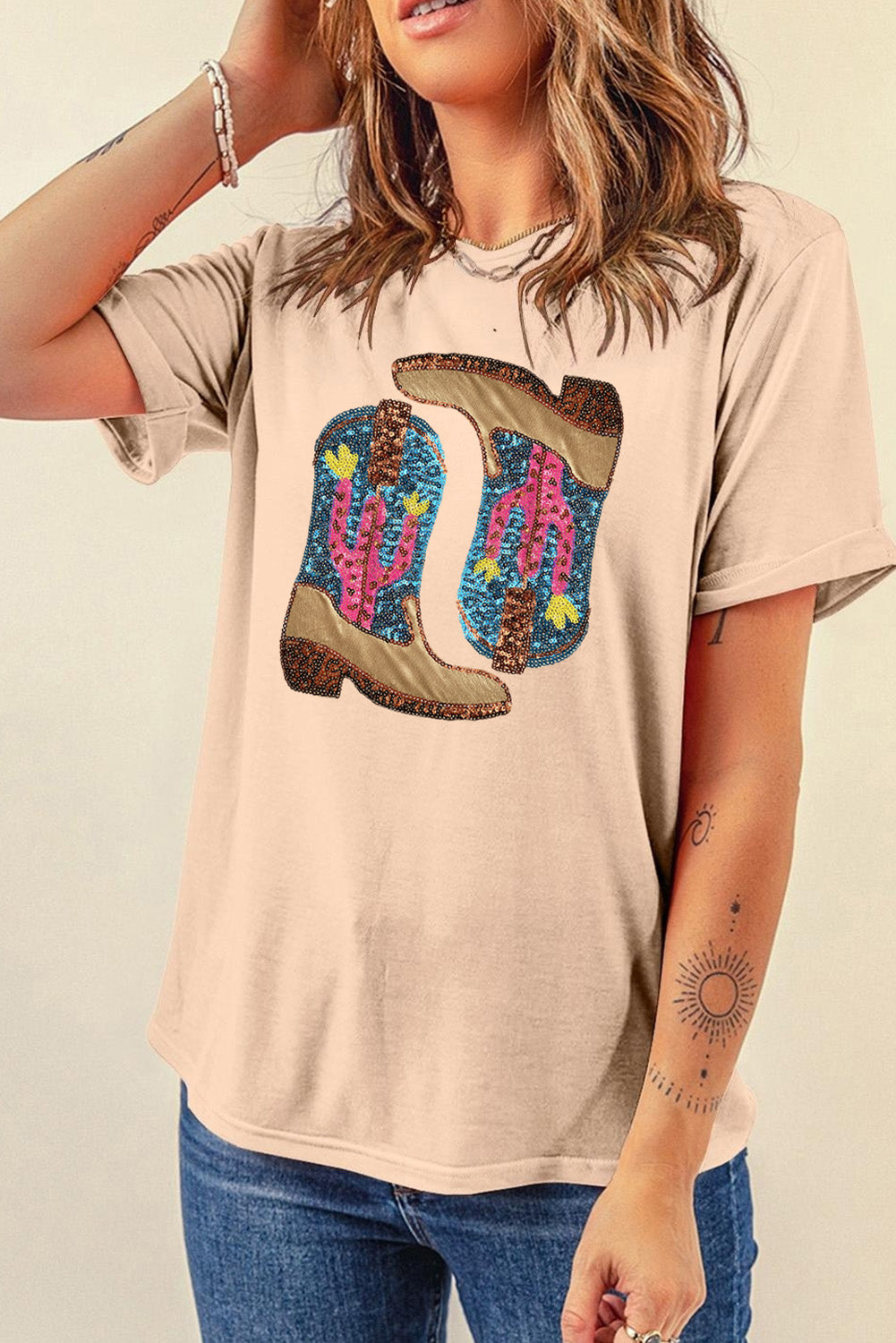 Sequin Boots Short Sleeve T-Shirt