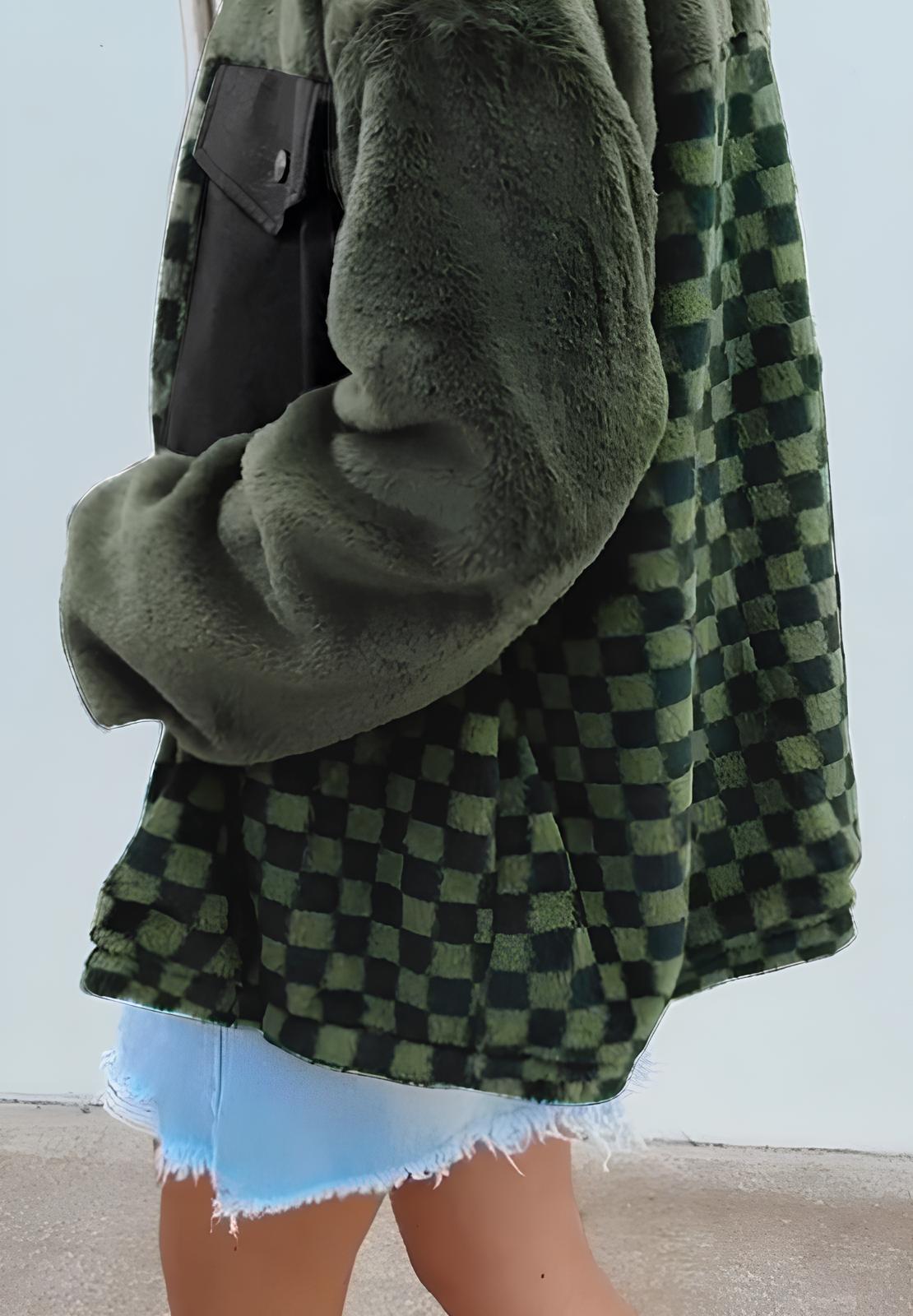 Teddy Bear Fuzzy Checkered Snap Down Jacket