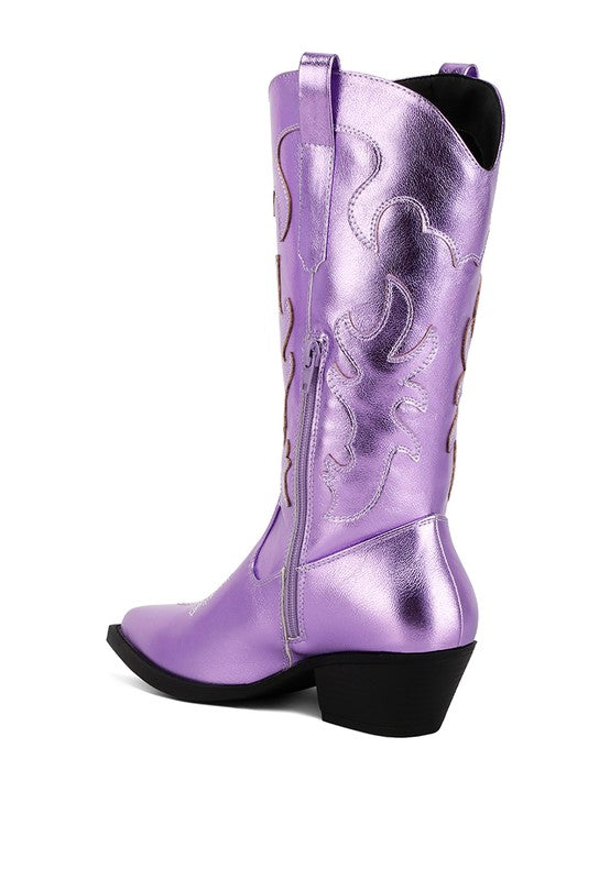Cowboy Metallic Faux Leather Cowgirl Boots choice of Purple or Pewter