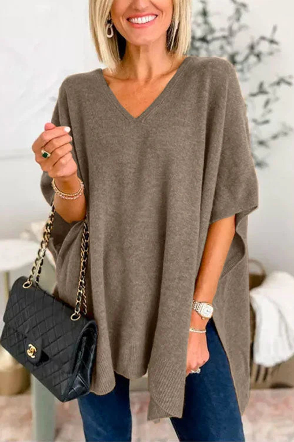 Slit V-Neck Half Sleeve Knit Top choice of colors