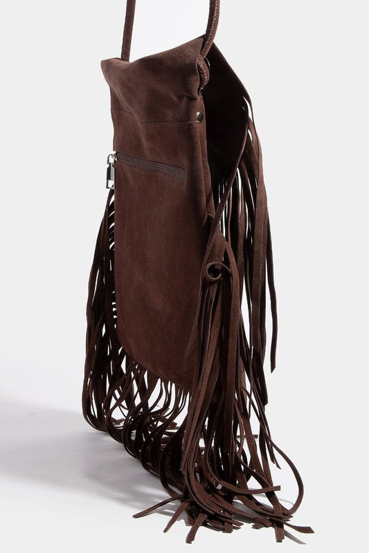 Fame Faux Suede Fringe Rectangle Crossbody Bag choice of colors