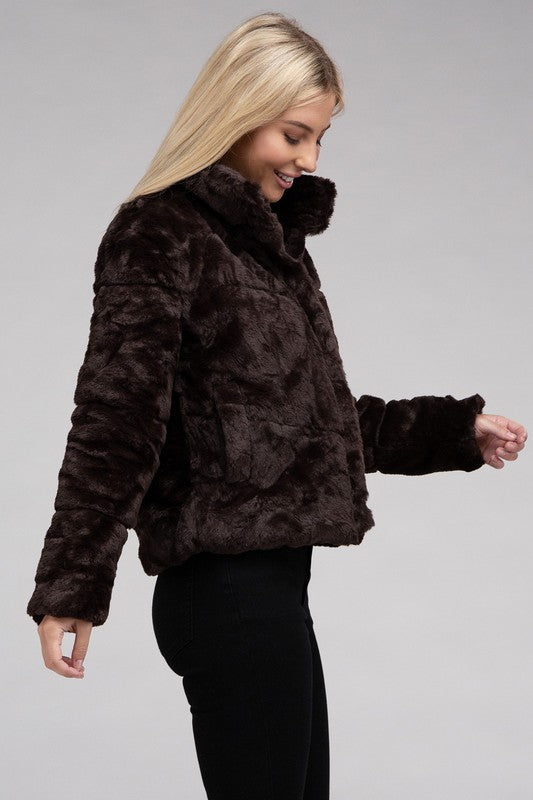 Fluffy zip up sales coat