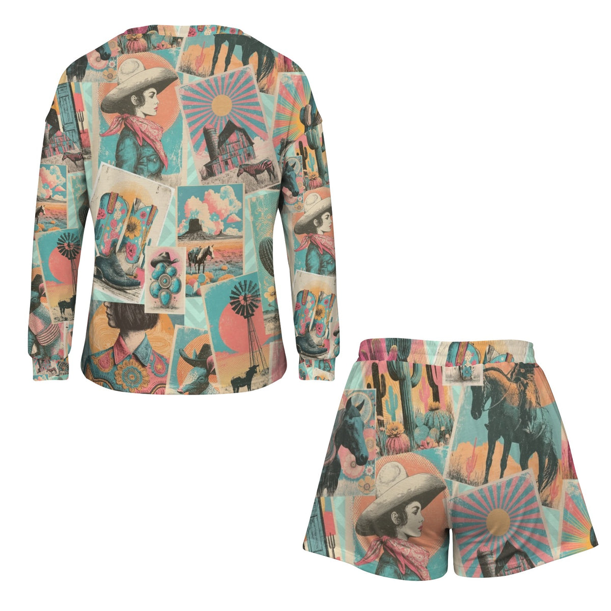Baha Ranch Honky Tonk Kitsch Western Long Sleeve Top & Shorts Pajama Lounge Set