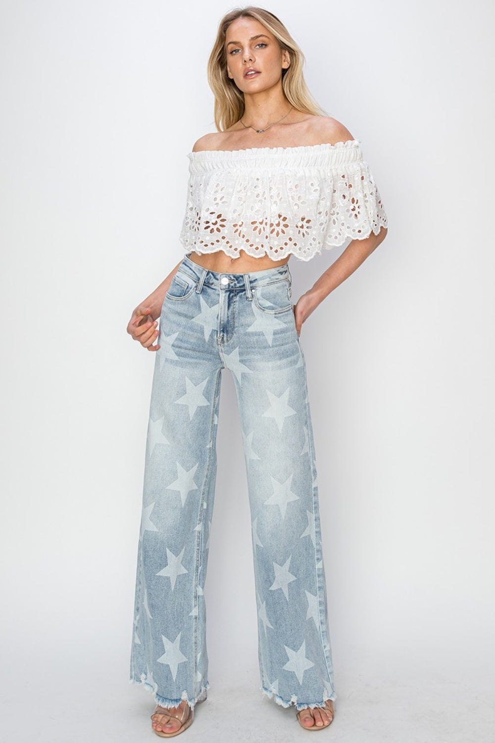 Limited Sizes Left !RISEN Full Size Raw Hem Star Wide Leg Jeans