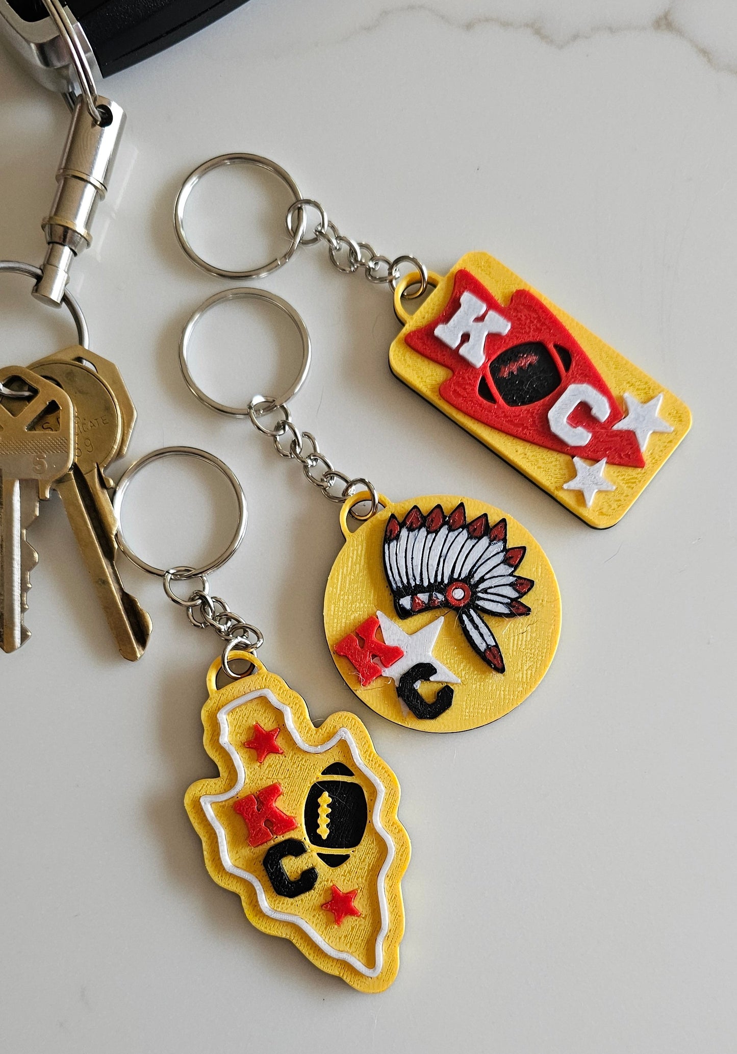 Set of 3 3D Print Chiefs Arrowhead Kc Kansas City Football Keychains Made in America