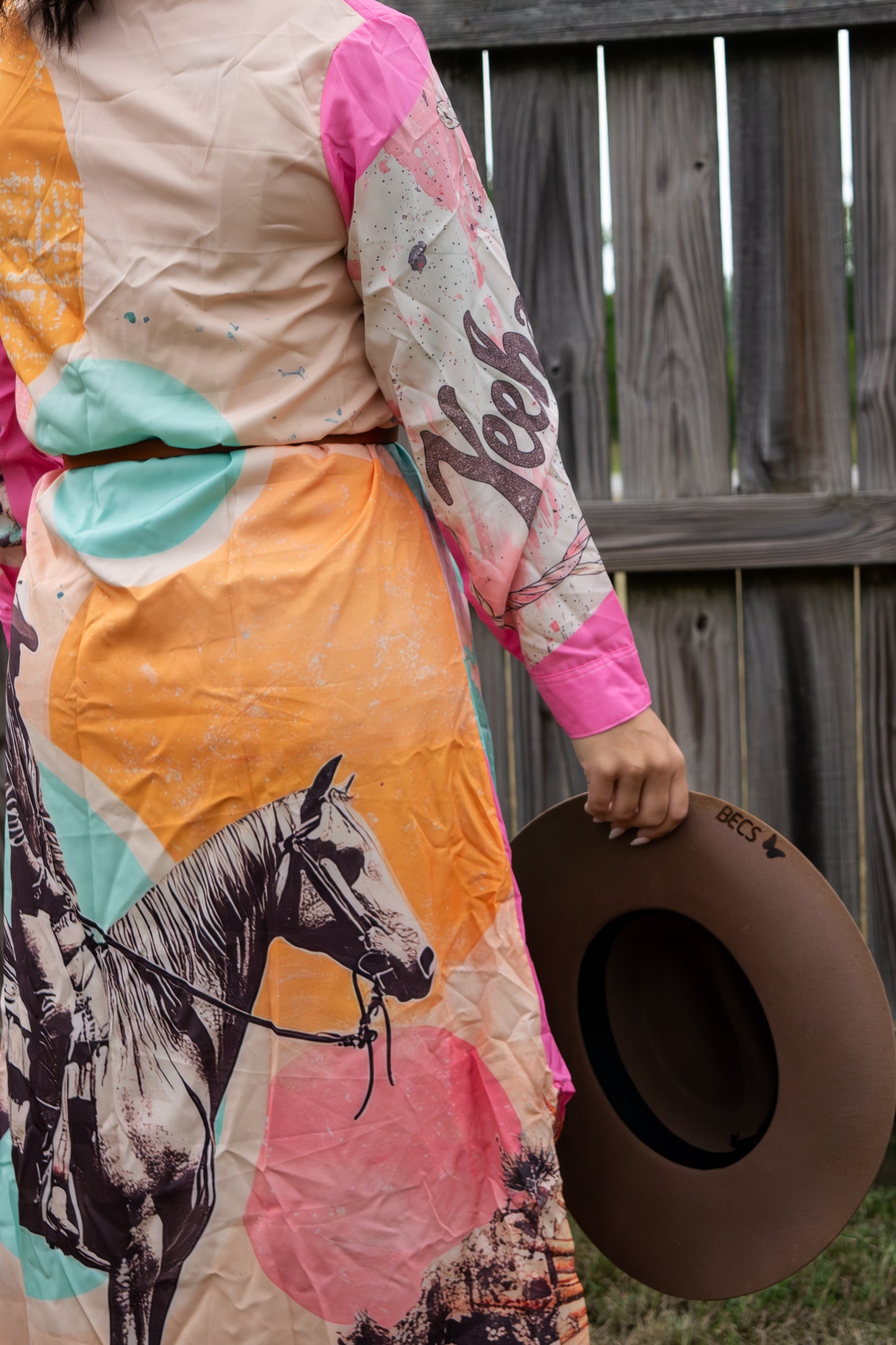 Baha Ranch Retro Pop Western Desert Cowboy Button Up Shirt Dress Duster