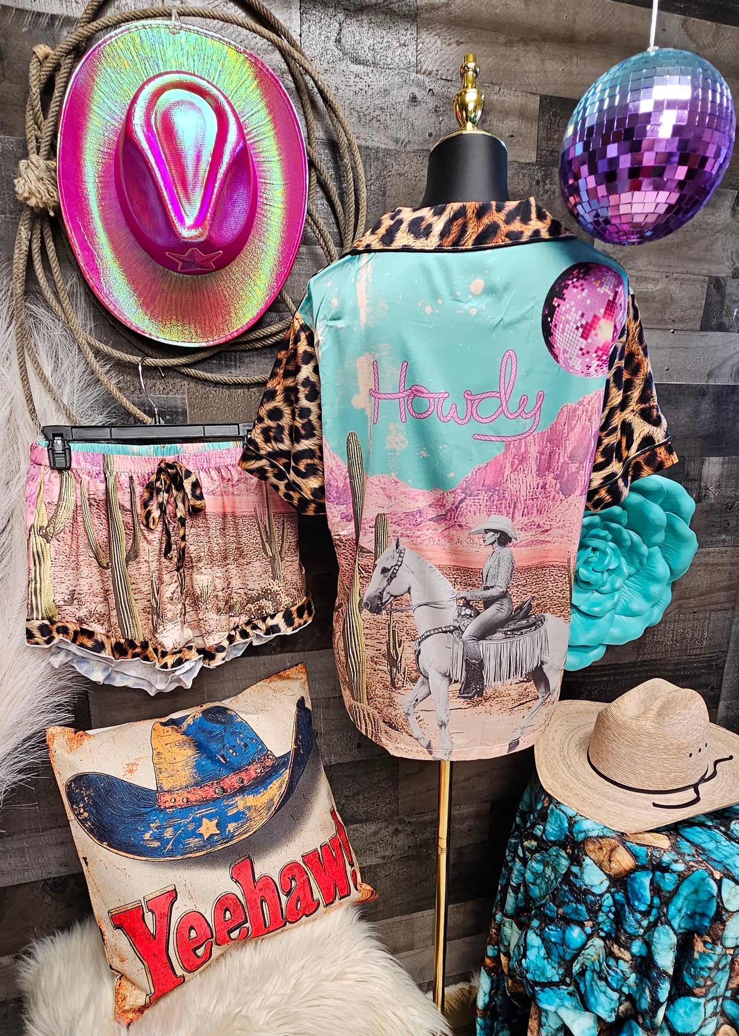 Baha Ranch Retro Pop Western Howdy Desert Cowgirl Satin Pajamas