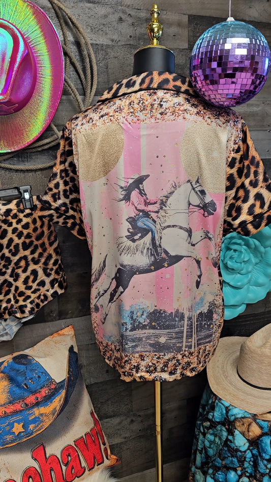 Baha Ranch Retro Pop Western Leopard Cowgirl Satin Pajamas