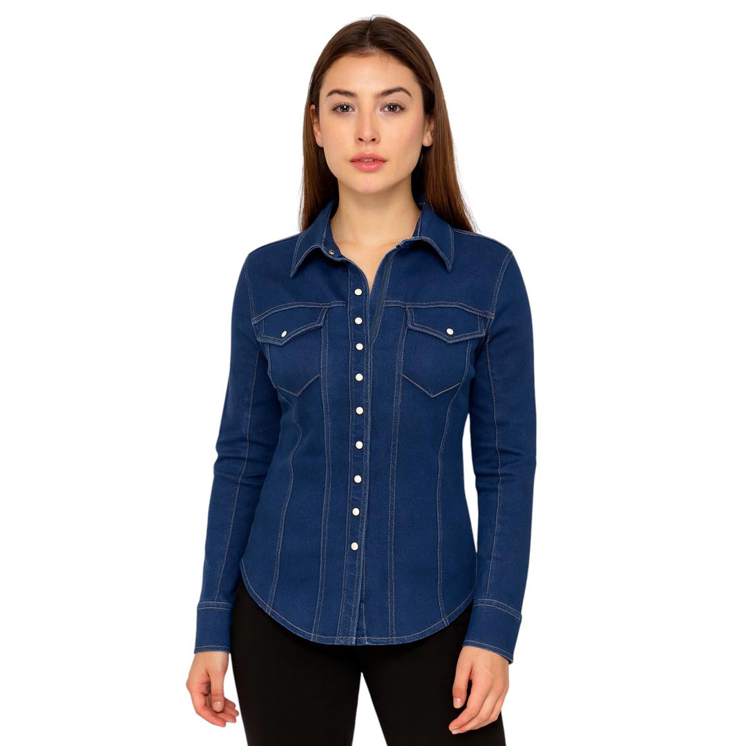 TuffRider Cody Ladies Western Denim Shirt with Covered Zip Closure and Decorative Pearl Snaps