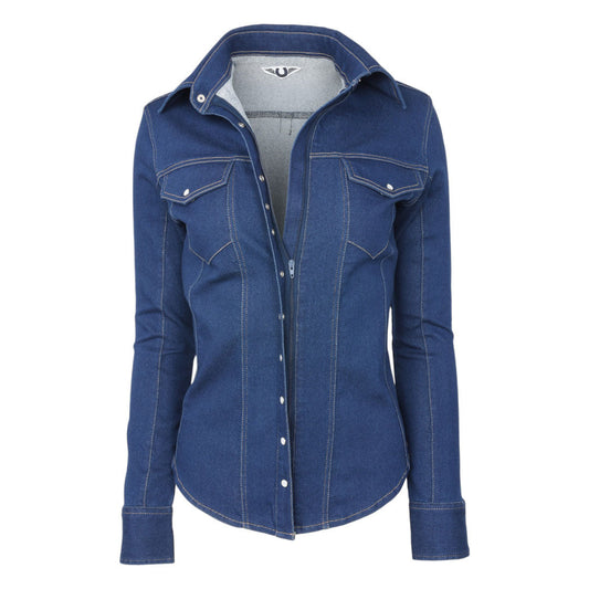 TuffRider Cody Ladies Western Denim Shirt with Covered Zip Closure and Decorative Pearl Snaps