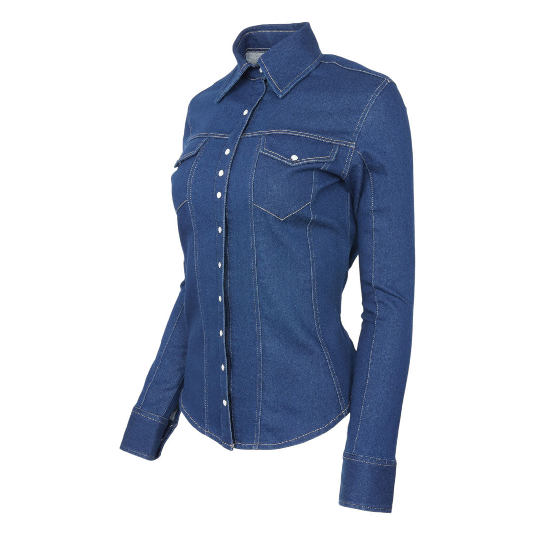 TuffRider Cody Ladies Western Denim Shirt with Covered Zip Closure and Decorative Pearl Snaps